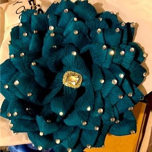 Teal Rhinestone Fabric Flower Pin #Brooch